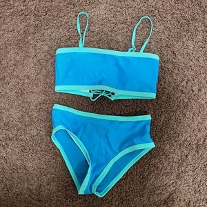 Womens Blue Turquoise High Waisted Bikini Set Lace Up Back Bandeau Size Medium